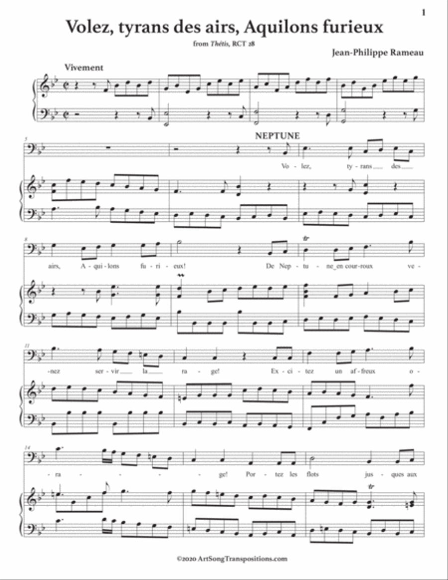 RAMEAU: Volez, tyrans des airs, Aquilons furieux (transposed to B-flat major) Voice scores gallery preview page 2
