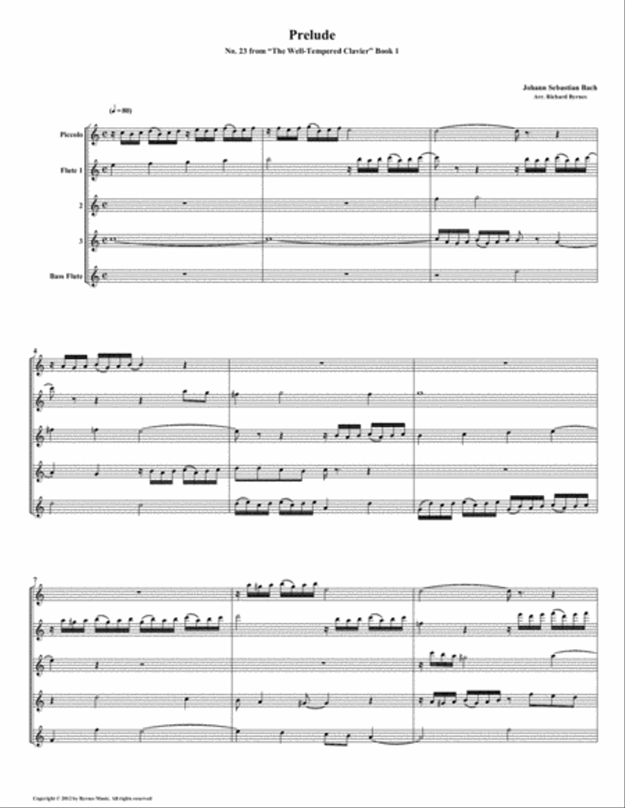 Prelude 23 from Well-Tempered Clavier, Book 1 (Flute Quintet) Woodwind Quintet scores gallery preview page 1