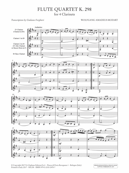 Flute Quartet K. 298 for 4 Clarinets