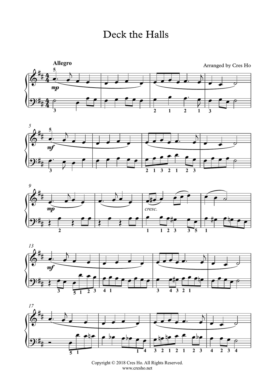 Deck The Halls - Piano (2 for the price of 1 !!), 2 keys are included (D major and Easy Key C major) Piano Solo scores gallery preview page 1