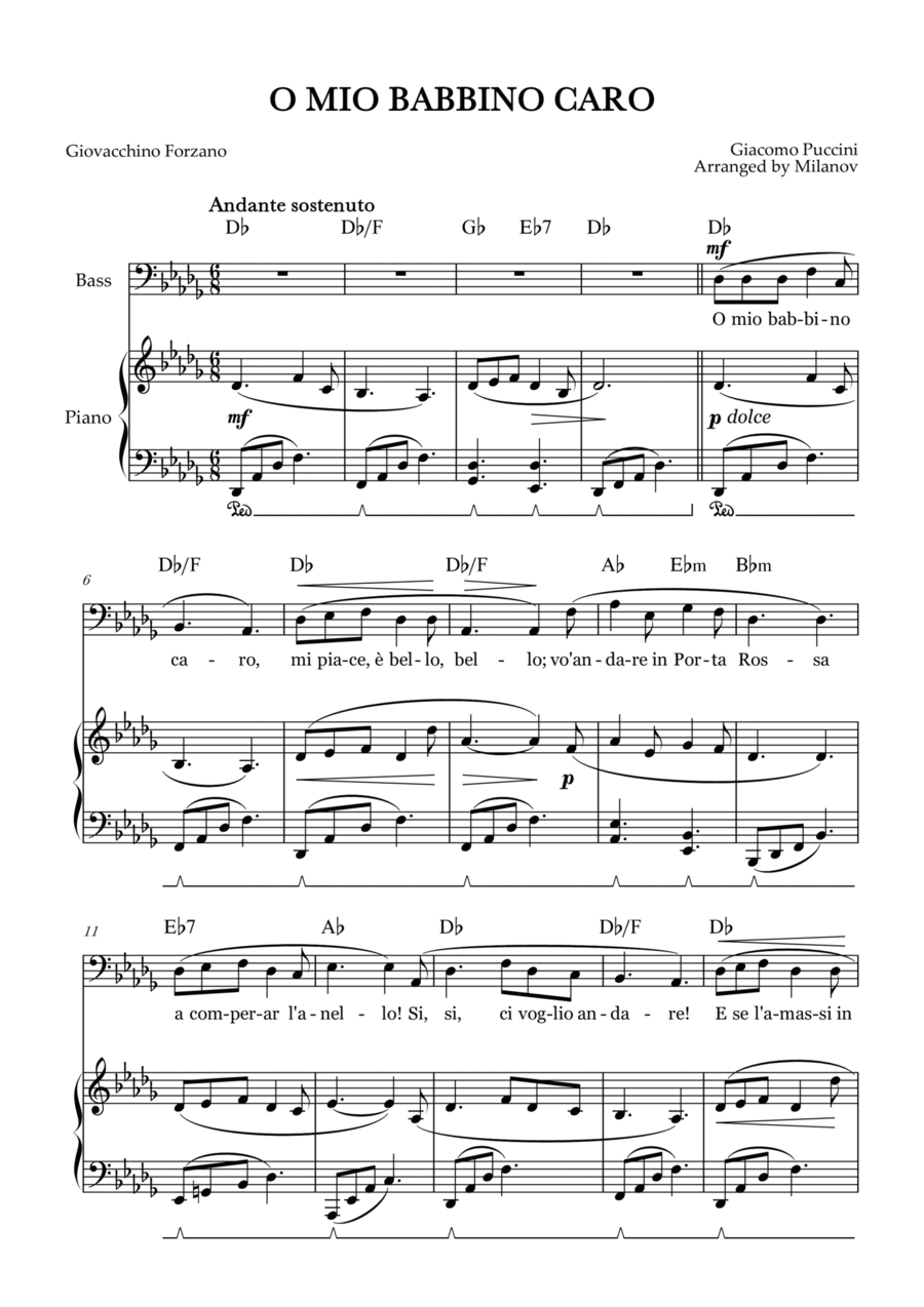 O Mio Babbino Caro | Male Voice Bass | D-flat Major | Piano accompaniment | Pedal | Chords Bass Voice scores gallery preview page 1