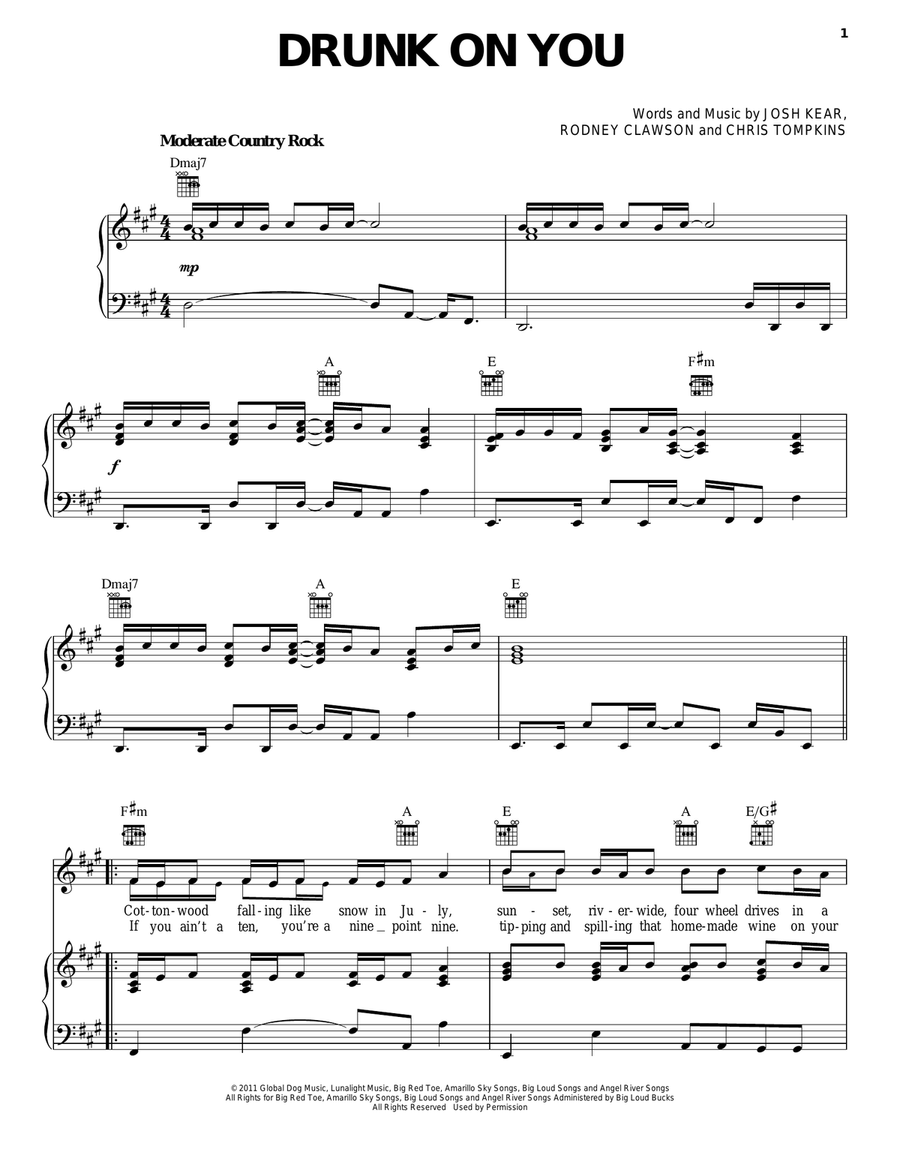Drunk On You Piano, Vocal, Guitar scores gallery preview page 1