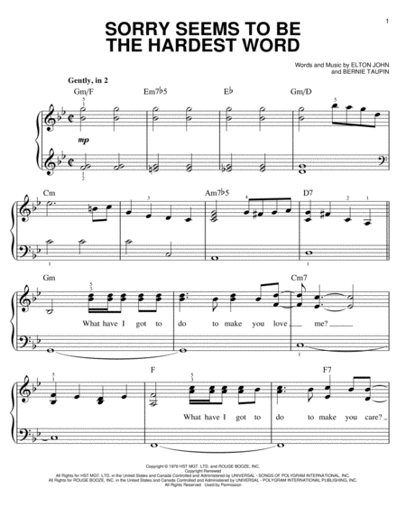 Sorry Seems To Be The Hardest Word by Elton John Easy Piano - Digital Sheet Music