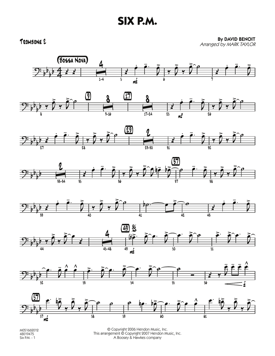 Six P.M. - Trombone 2 Six P.M. - Trombone 2 Jazz Ensemble scores gallery preview page 1