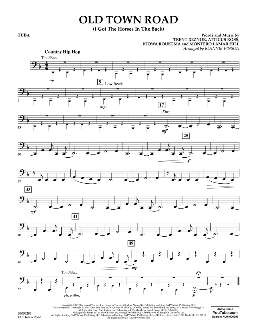 Old Town Road (arr. Johnnie Vinson) Tuba by Lil Nas X Concert Band