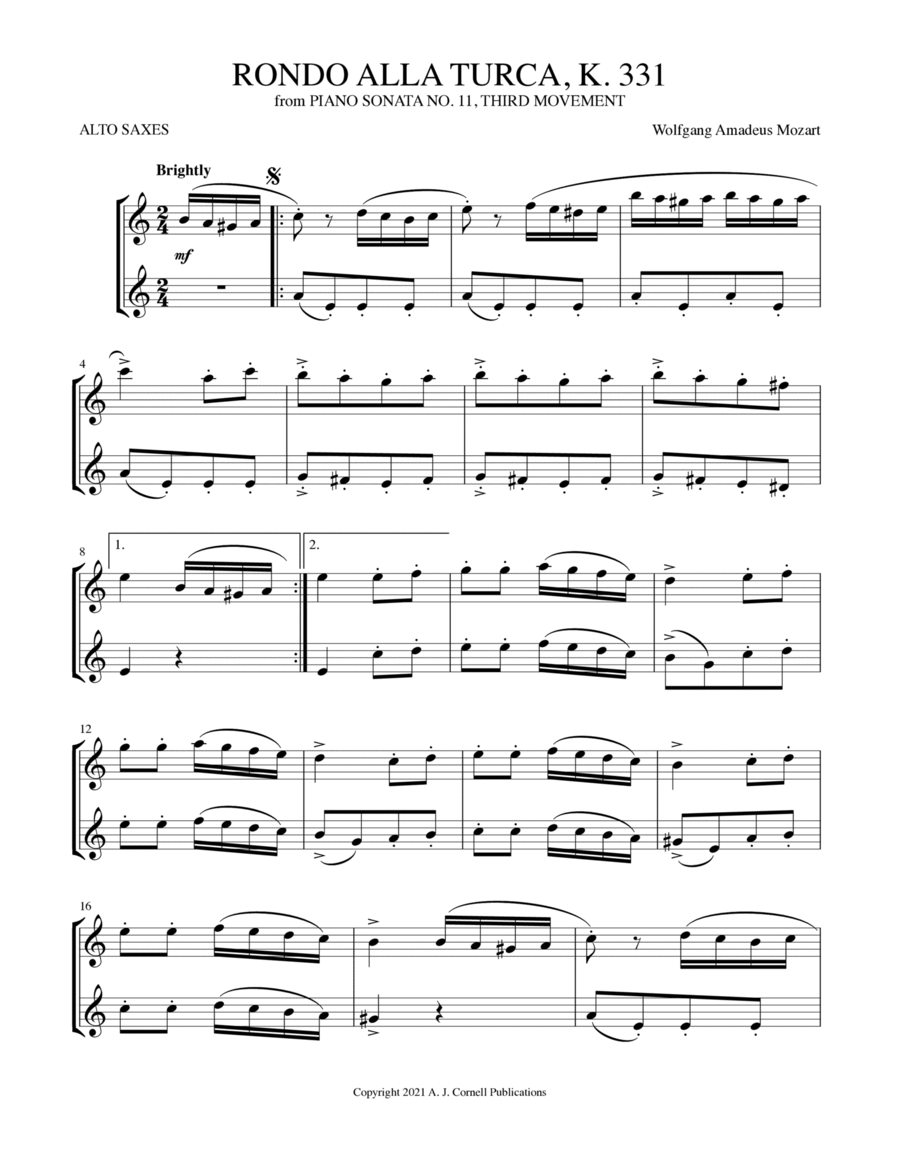 Guitar Music Sheets - Piano Sonata No 11 in A Major Movement