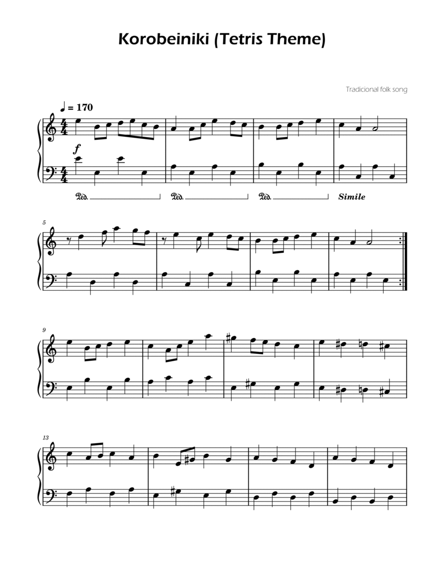 Tetris Theme by Folk Song Easy Piano Digital Sheet Music