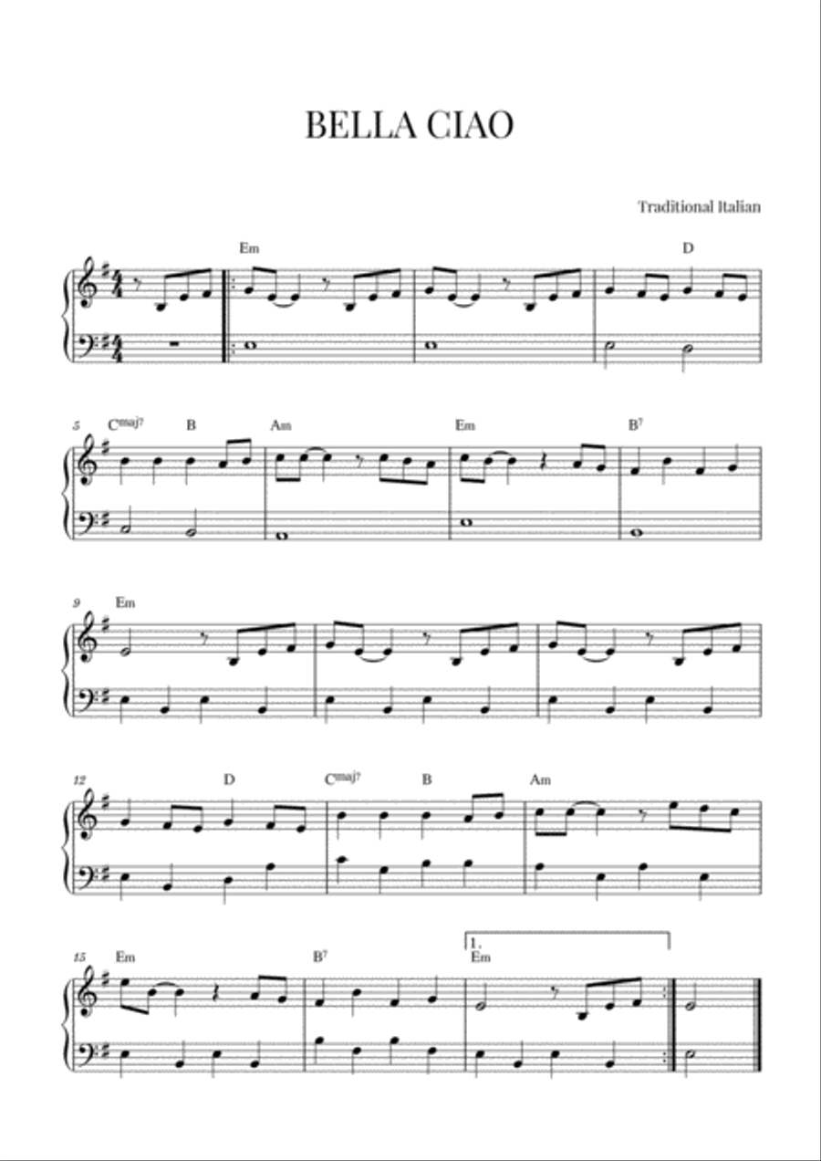 BELLA CIAO for Easy Piano Voice Digital Sheet Music Sheet Music Plus