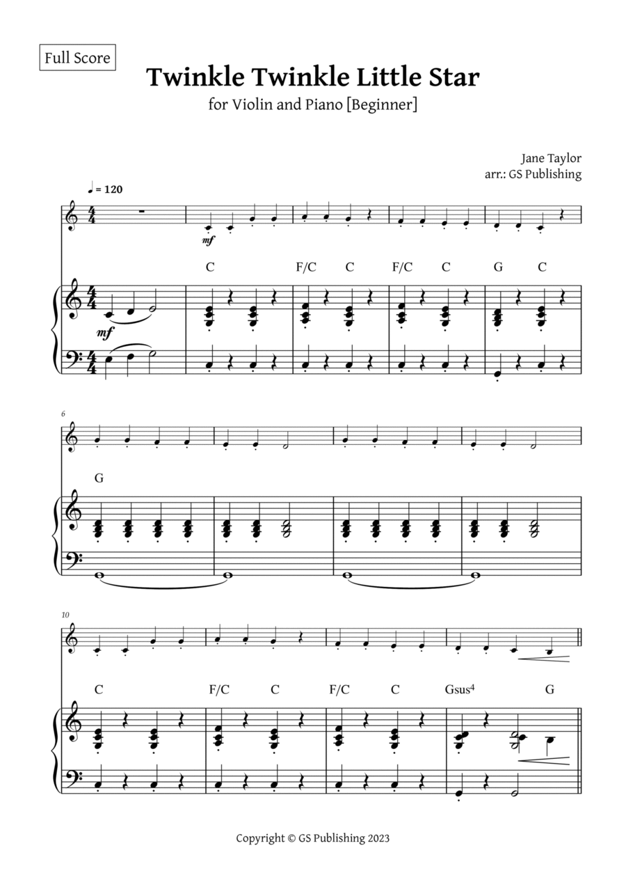 Twinkle Twinkle Little Star for Violin and Piano Beginner with Chord Symbols