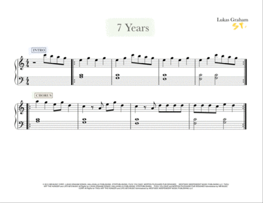 Lukas Graham 7 Years Sheet Music for Beginners in A Minor (transposable)  - Download & Print - SKU: MN0159735