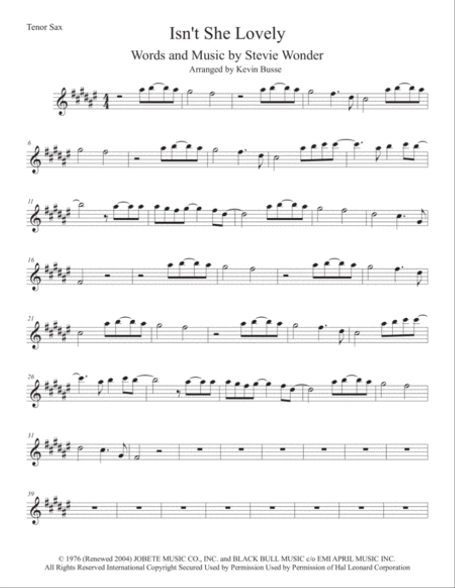 Isn't She Lovely? - Bb Tenor Saxophone Sheet Music, Stevie Wonder