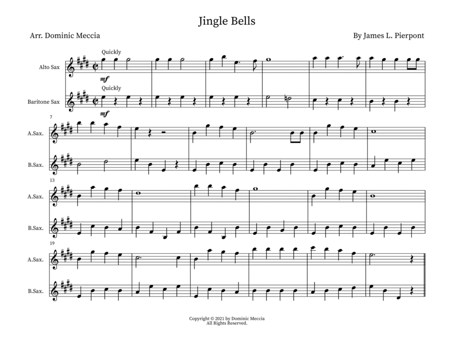 Jingle Bells Alto Sax and Bari Sax Duet Woodwind Duet Digital