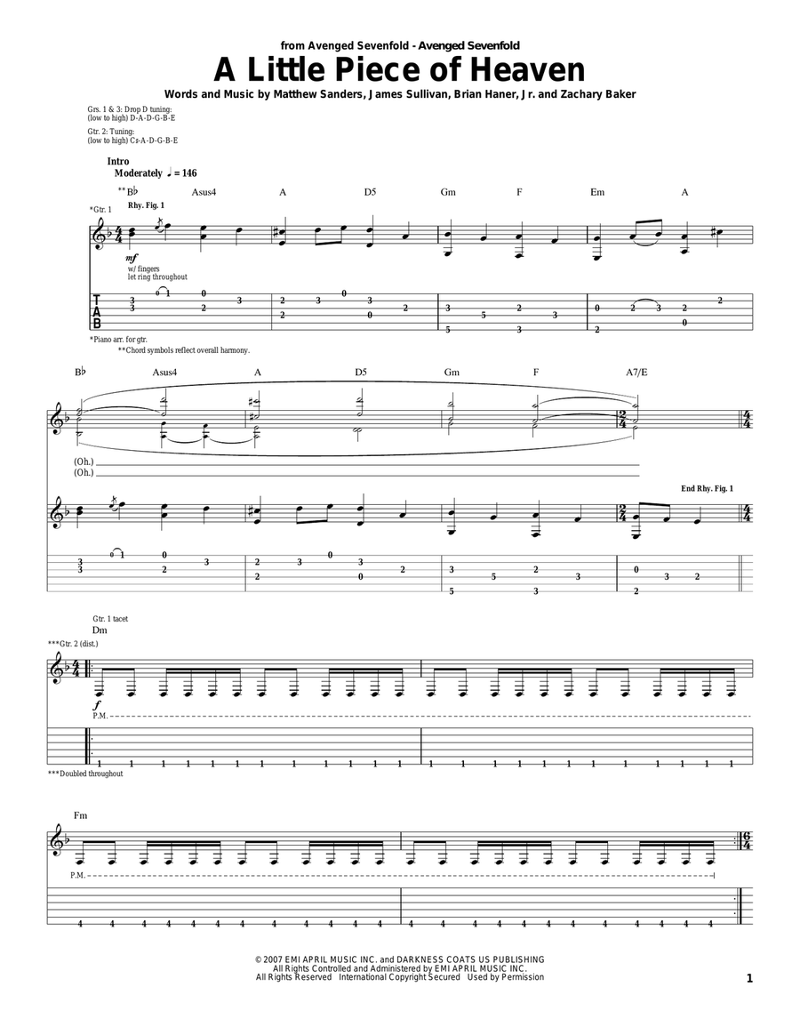 A Little Piece Of Heaven Sheet Music | Avenged Sevenfold | Guitar Tab