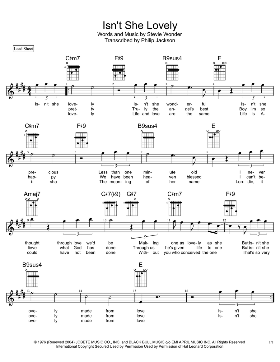 Isn't She Lovely sheet music for ukulele (PDF)