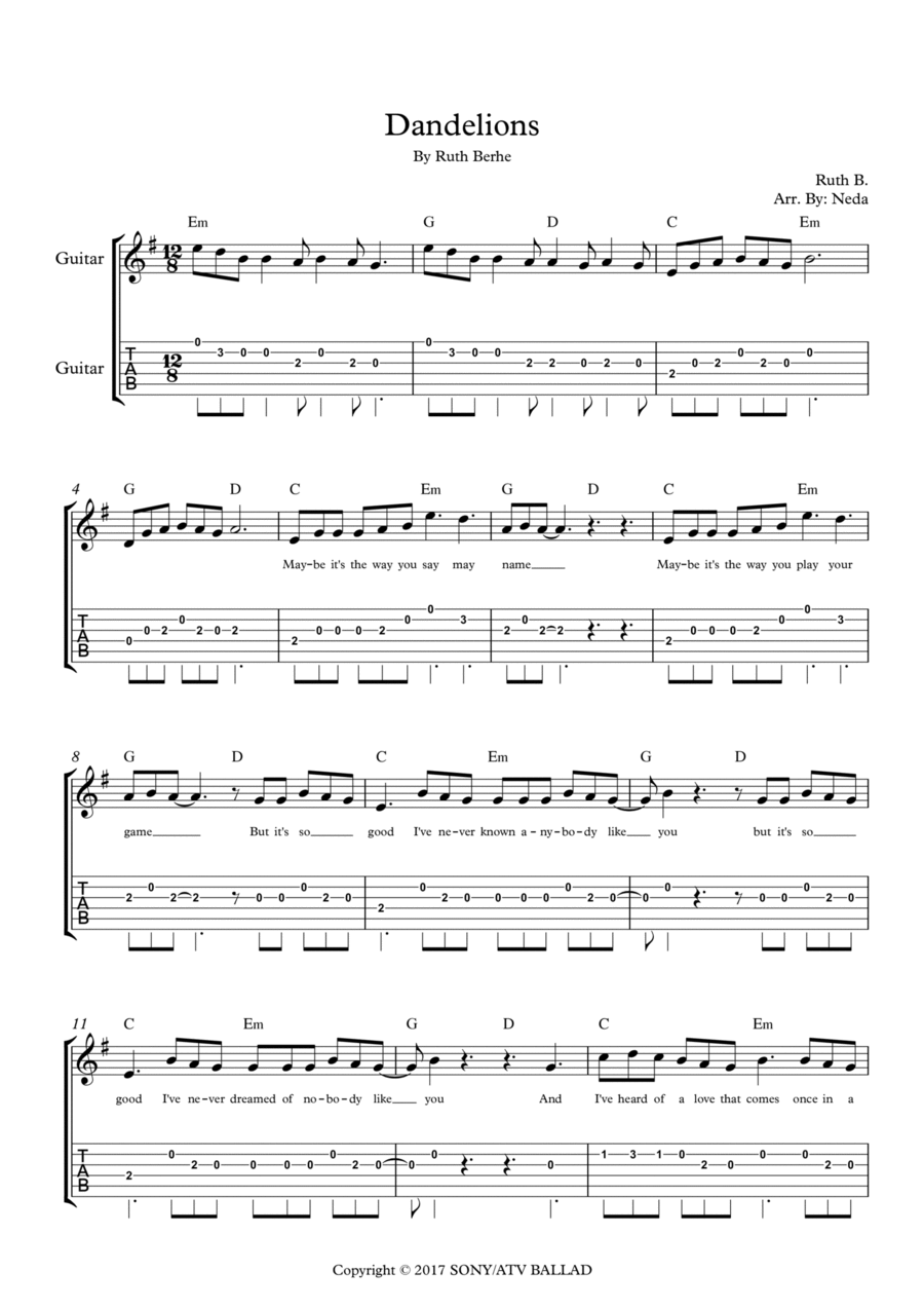 Dandelions by Ruth B Electric Guitar Digital Sheet Music Sheet