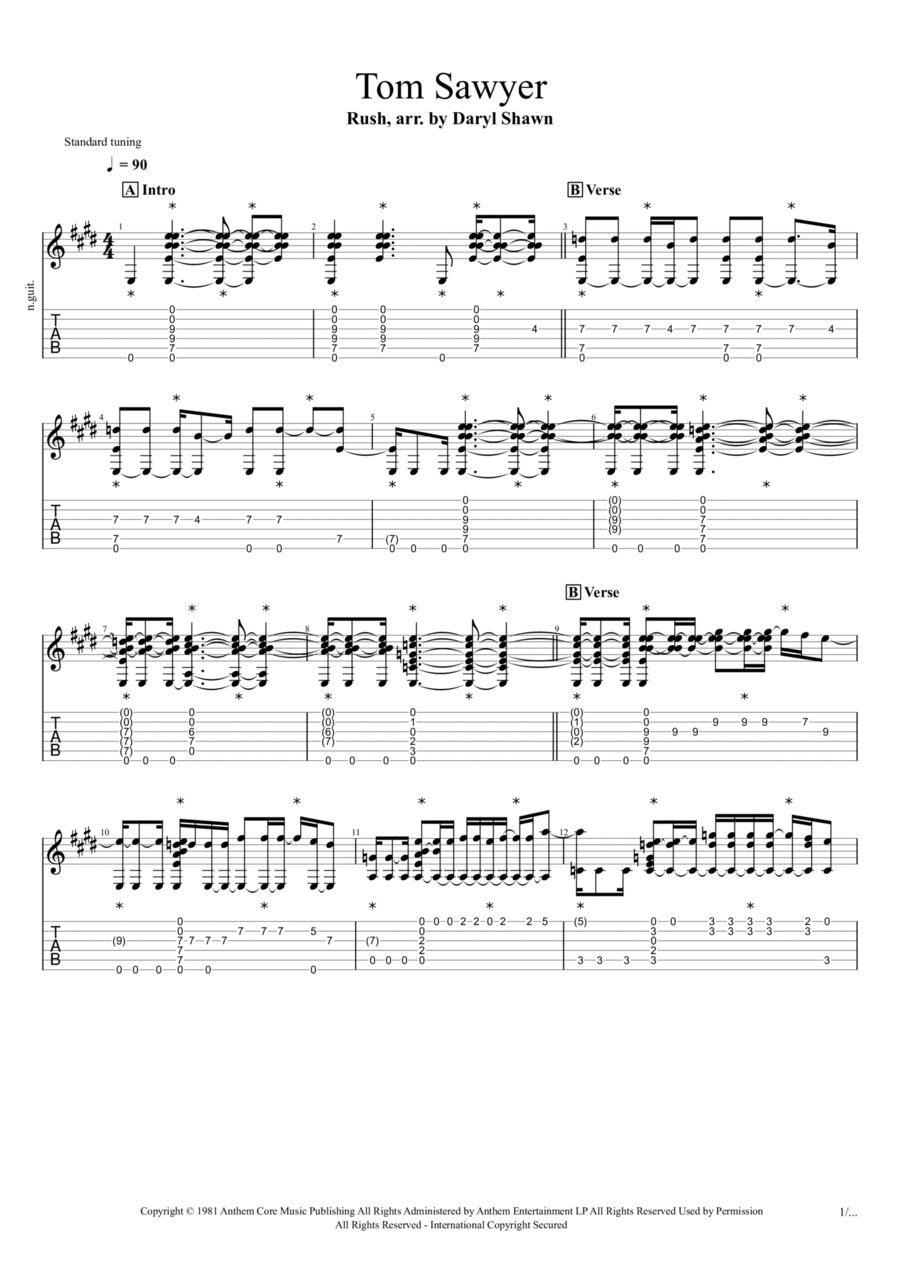 Tom Sawyer by Rush - Guitar Tablature - Digital Sheet Music
