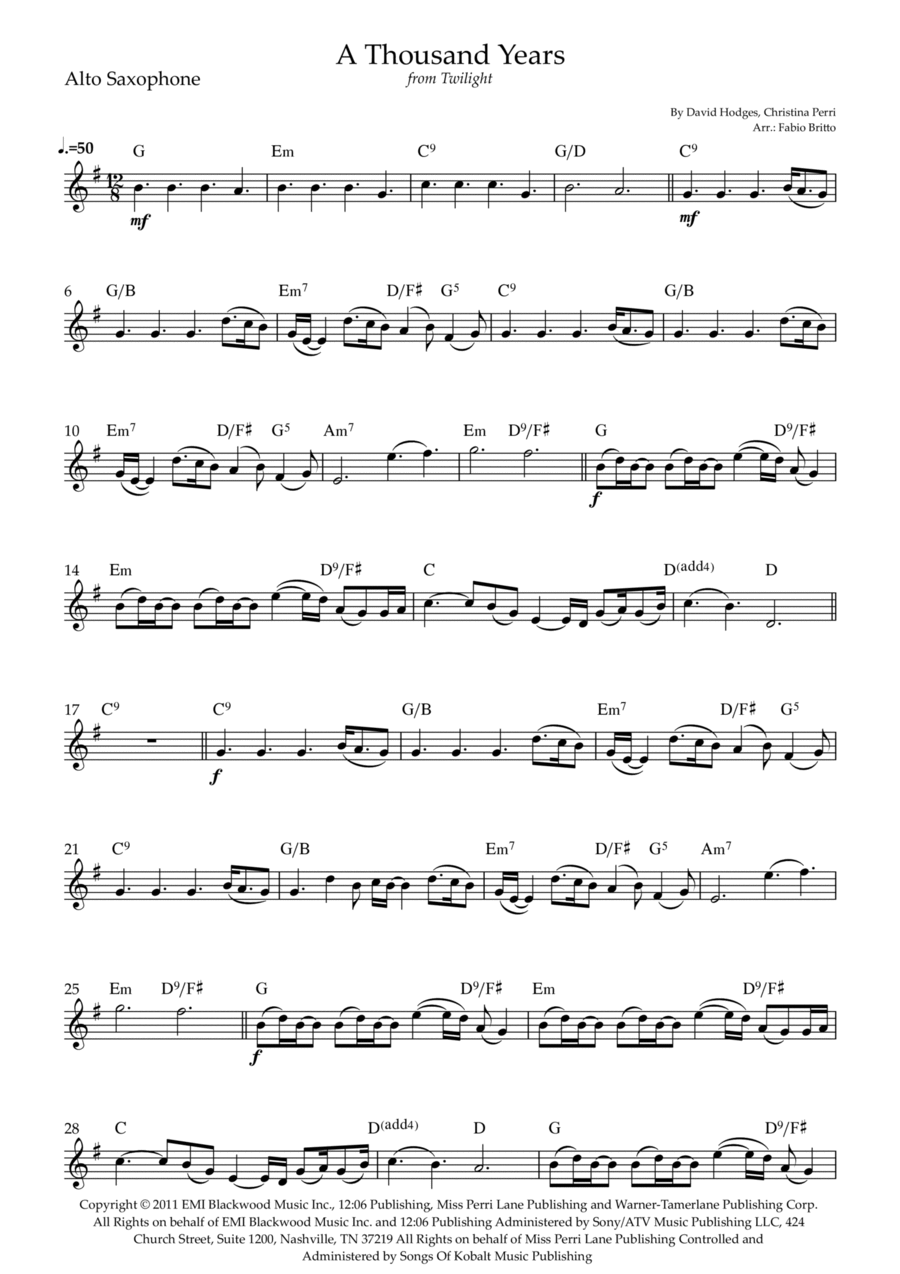 A Thousand Years by Christina Perri Alto Saxophone Digital