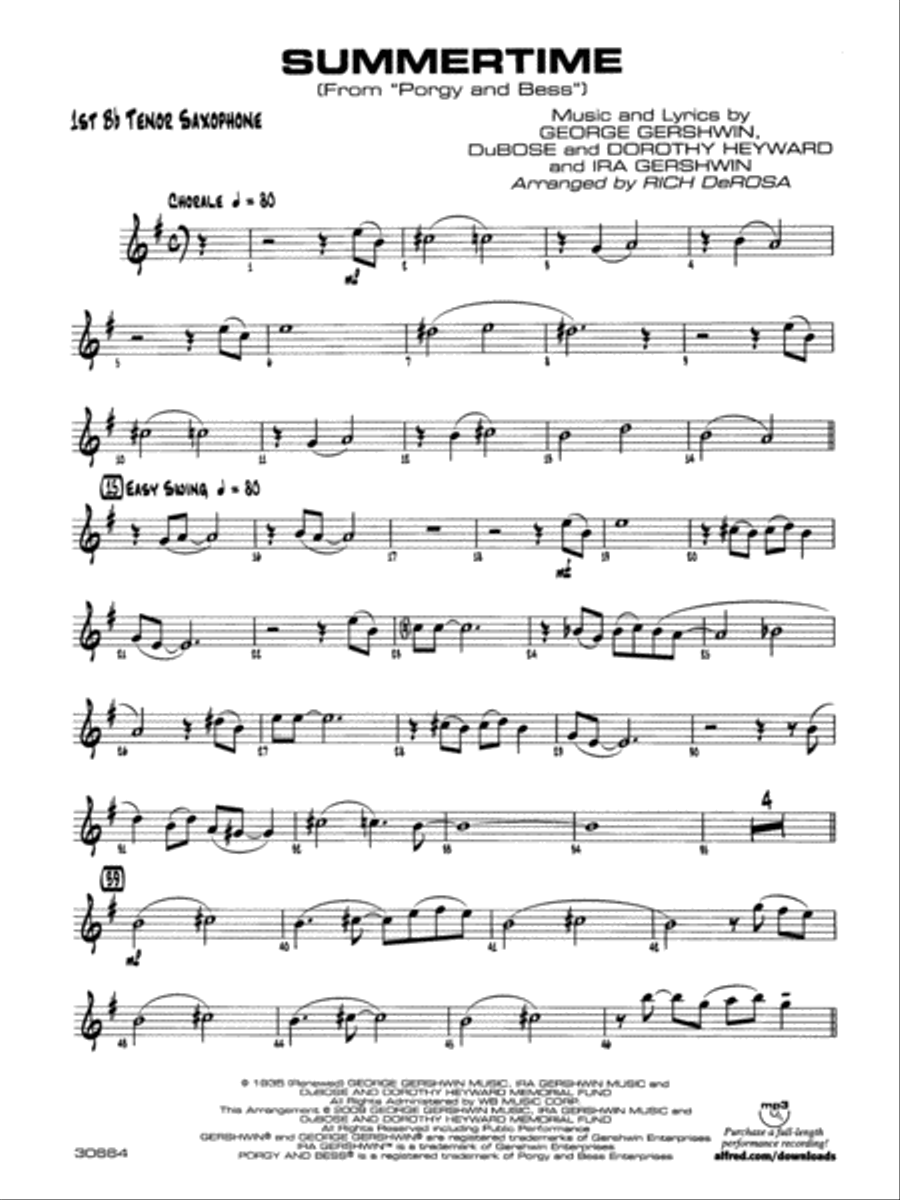 Summertime B flat Tenor Saxophone by George Gershwin Jazz