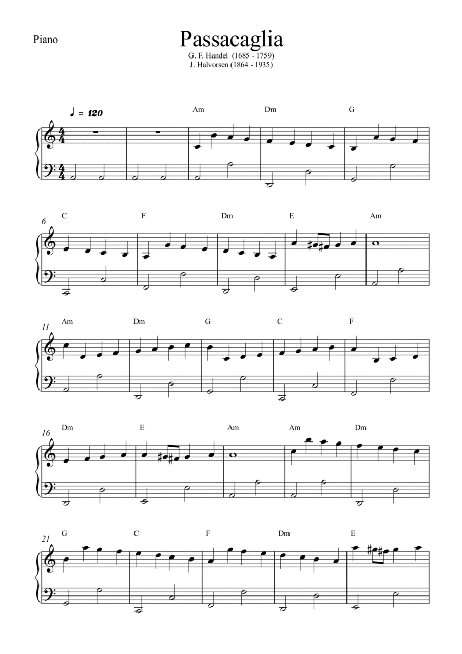 Passacaglia Handel Halvorsen Easy Piano Easy Piano