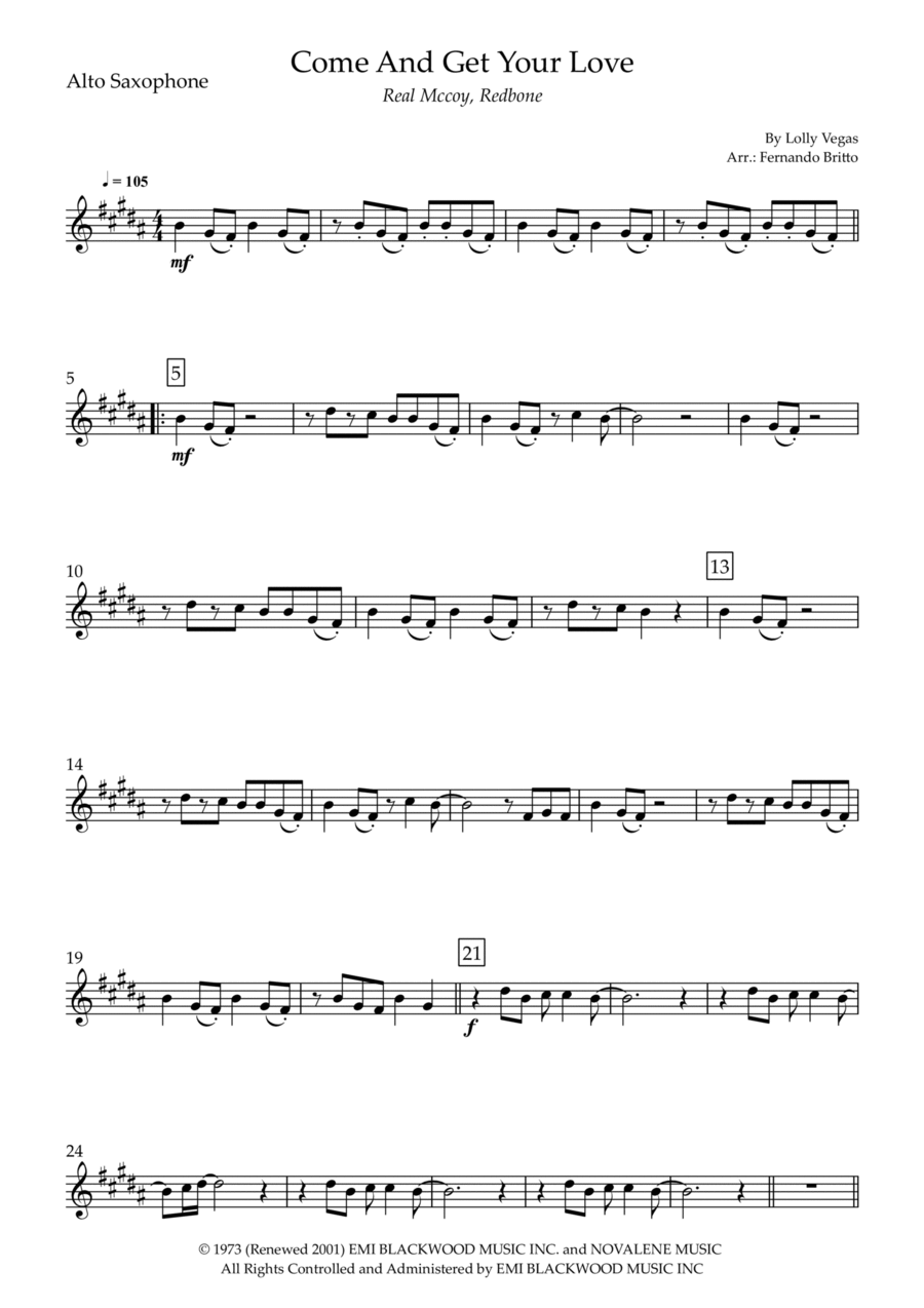 Come And Get Your Love Alto Saxophone Digital Sheet Music