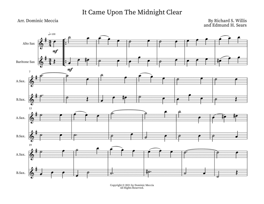 It Came Upon The Midnight Clear Alto Sax and Bari Sax Duet Woodwind