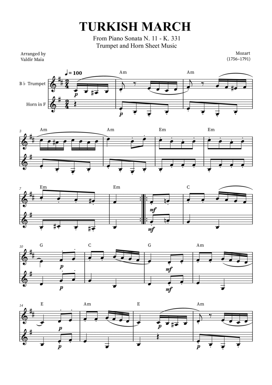 Turkish March Trumpet and Horn (with chords) by Wolfgang Amadeus