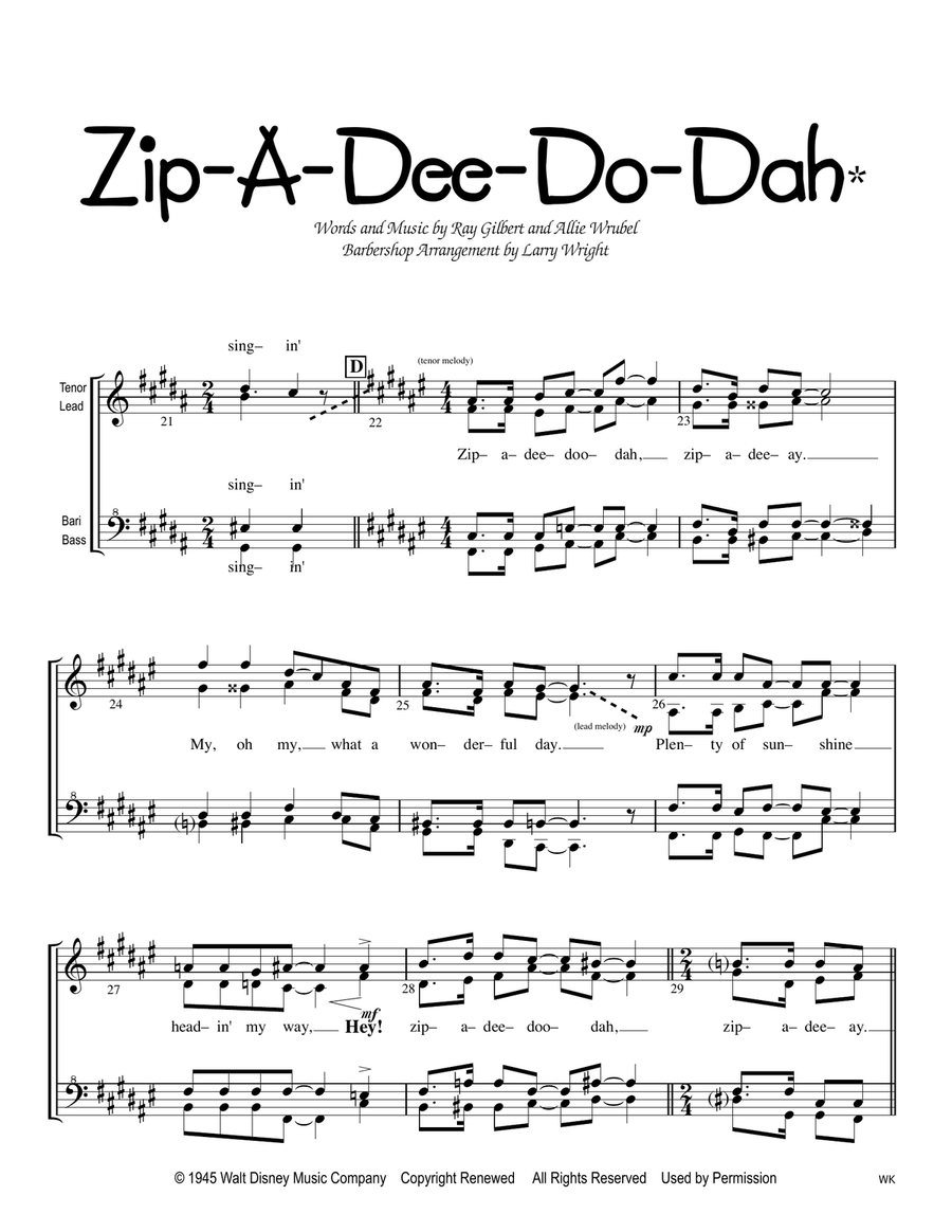 Zipadeedoodah by Ray Gilbert SSAA Digital Sheet Music Sheet