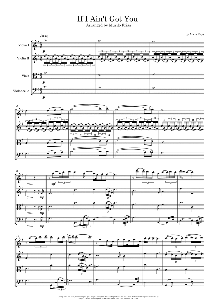 ARGYLLE　Y&T / Musically Incorrect スコア If I Ain't Got You by Alicia Keys - Cello, Viola, Violin