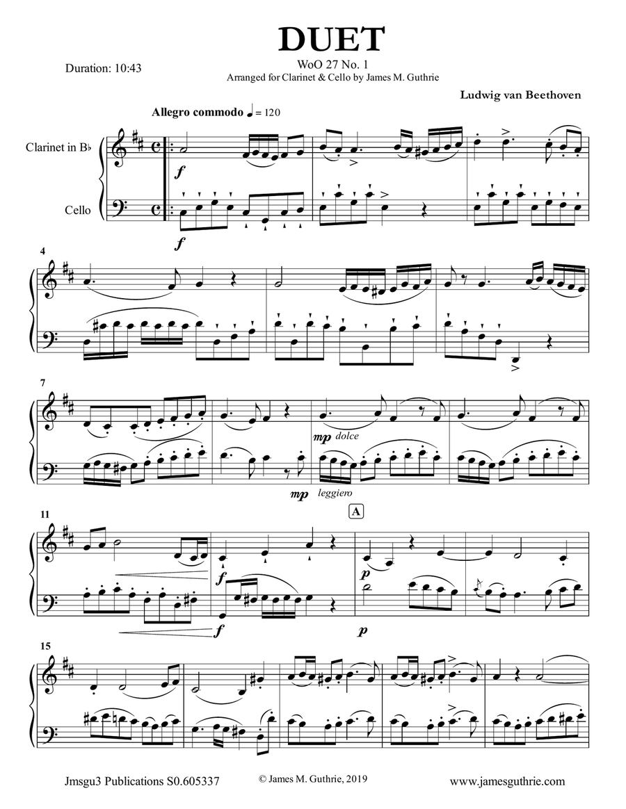 Beethoven: Three Duets WoO 27 for Clarinet & Cello by Ludwig van