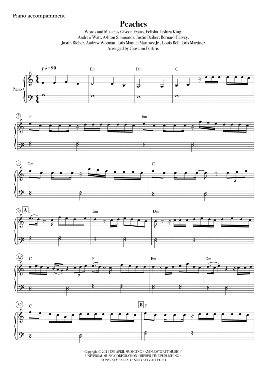 Peaches Peaches grade 2 Digital Piano Sheet With Audio Sample and Note  Names 