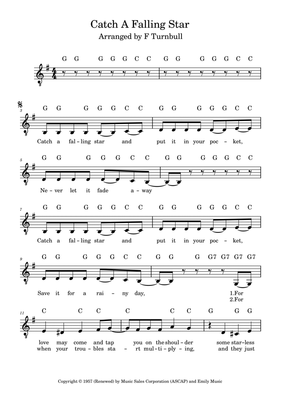Catch A Falling Star by Perry Como - Piano, Vocal, Guitar - Digital Sheet  Music | Sheet Music Plus