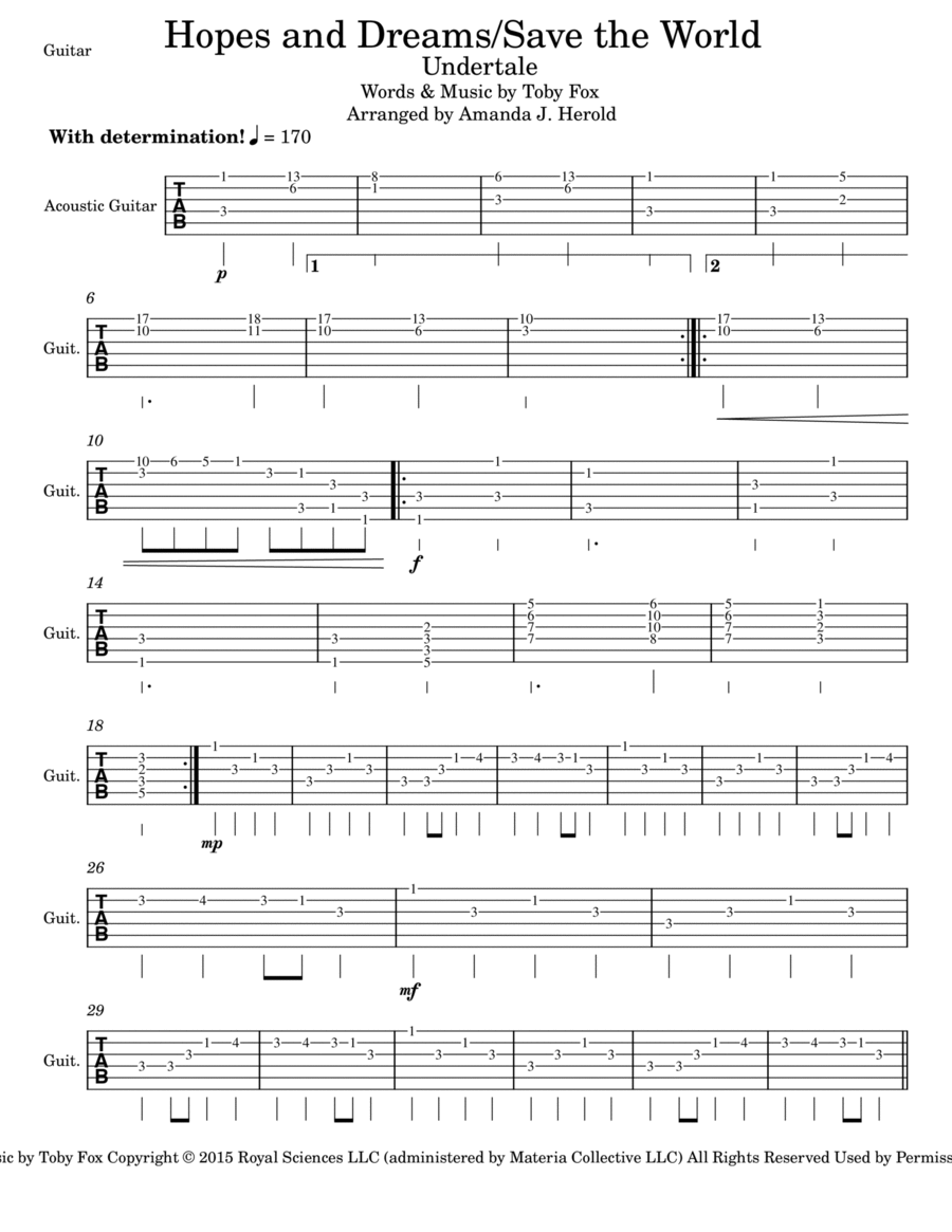 Hopes & Dreams Save The World His Theme by Toby Fox Guitar Tablature