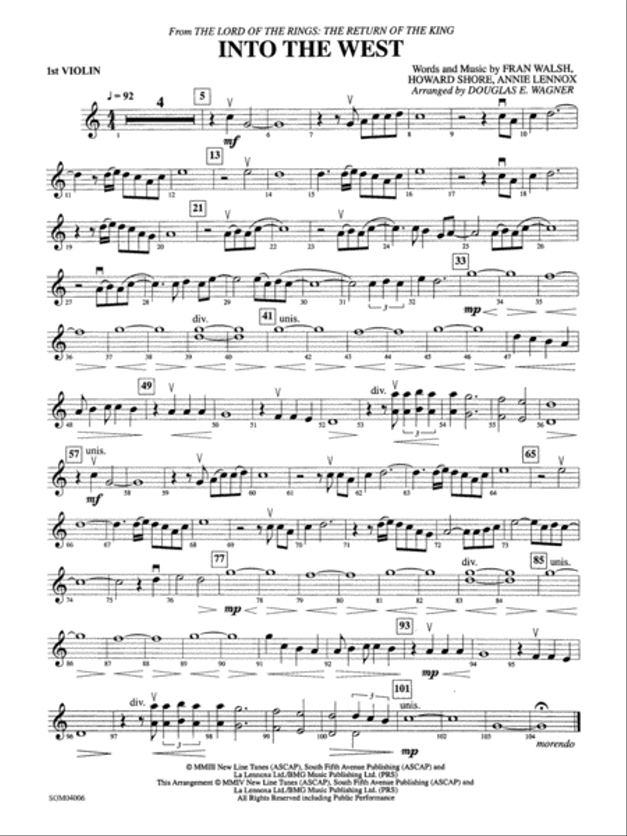 Into the West from The Lord of the Rings The Return of the King 1st Violin