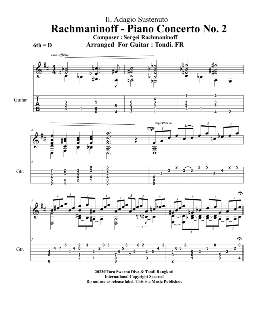 Rachmaninoff Piano Concerto No.2 Adagio Sustenuto Guitar Complete