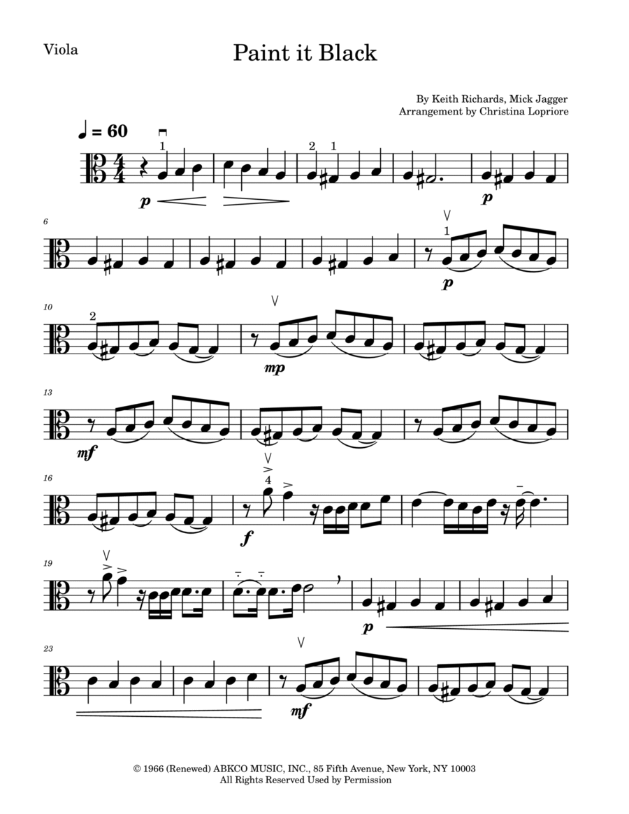Paint It, Black by The Rolling Stones Viola Solo Digital Sheet