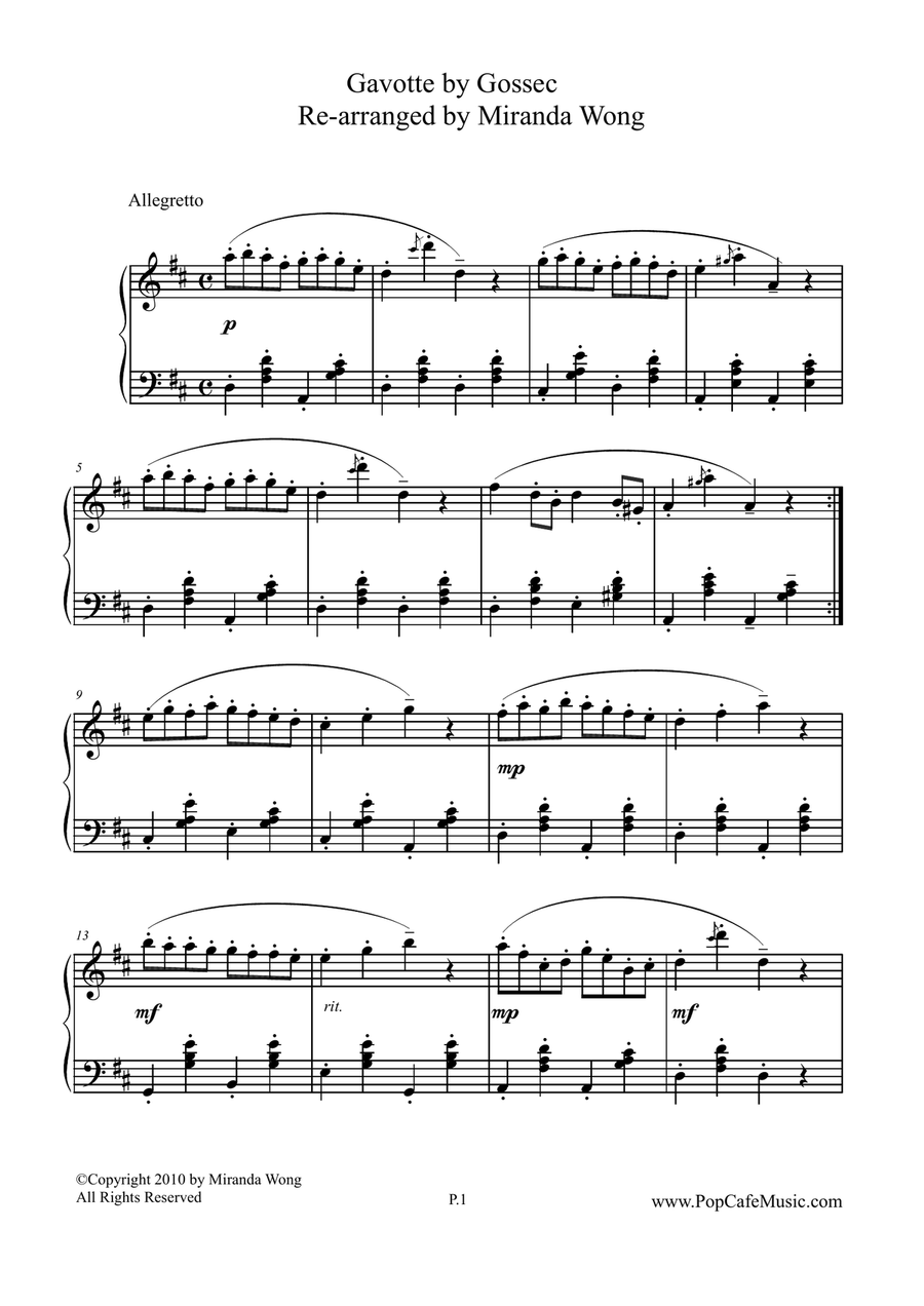 Gavotte by Gossec Famous Classical Piano Solo Intermediate Level