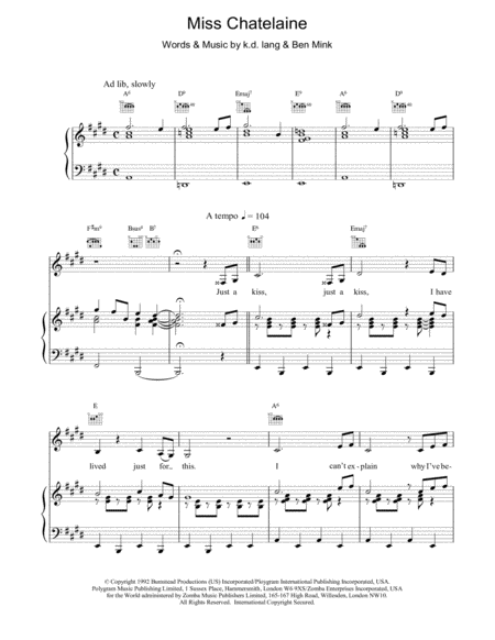 Miss Chatelaine by k.d. lang - Piano, Vocal, Guitar - Digital Sheet ...