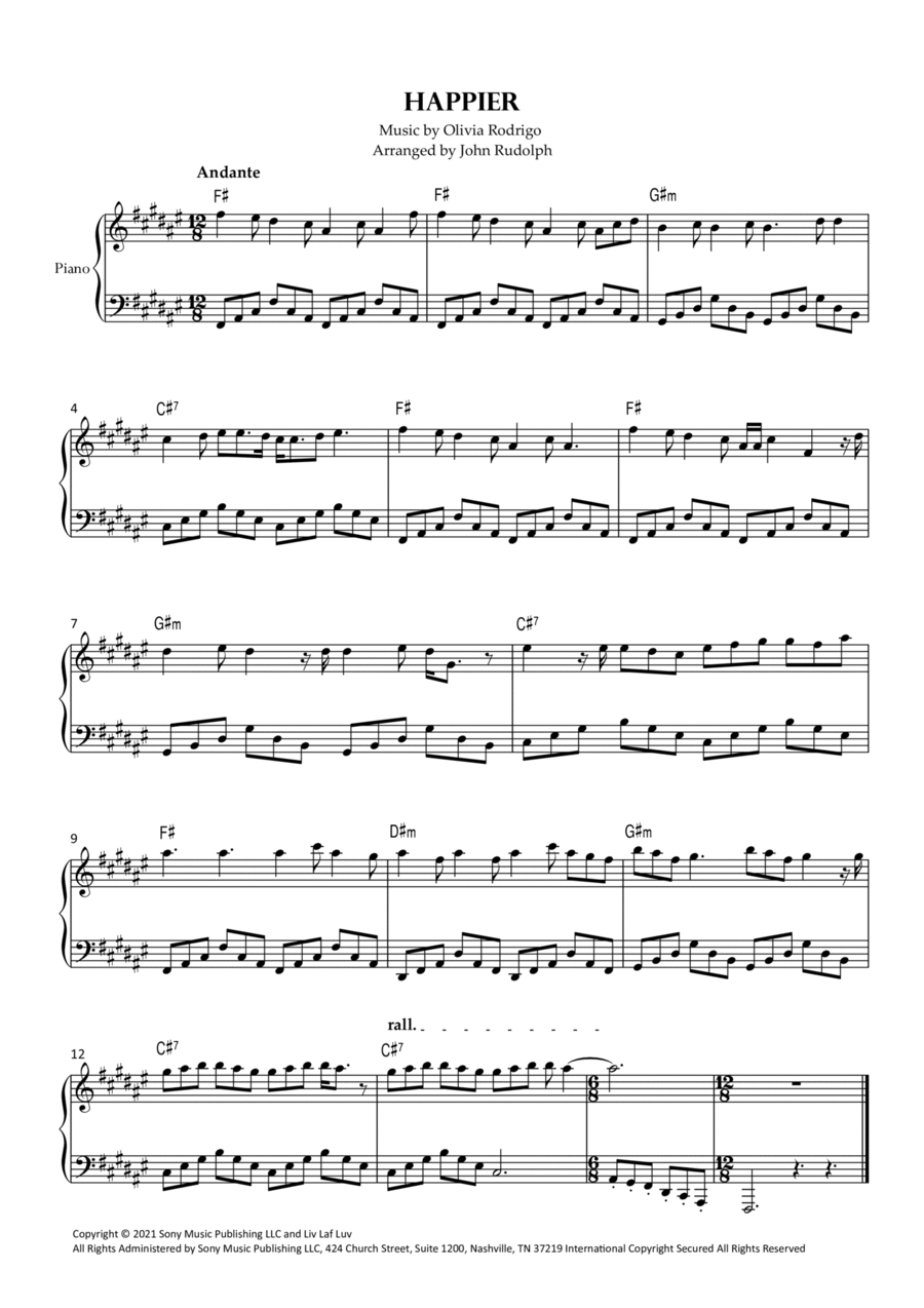 Happier Music Sheet Olivia Rodrigo