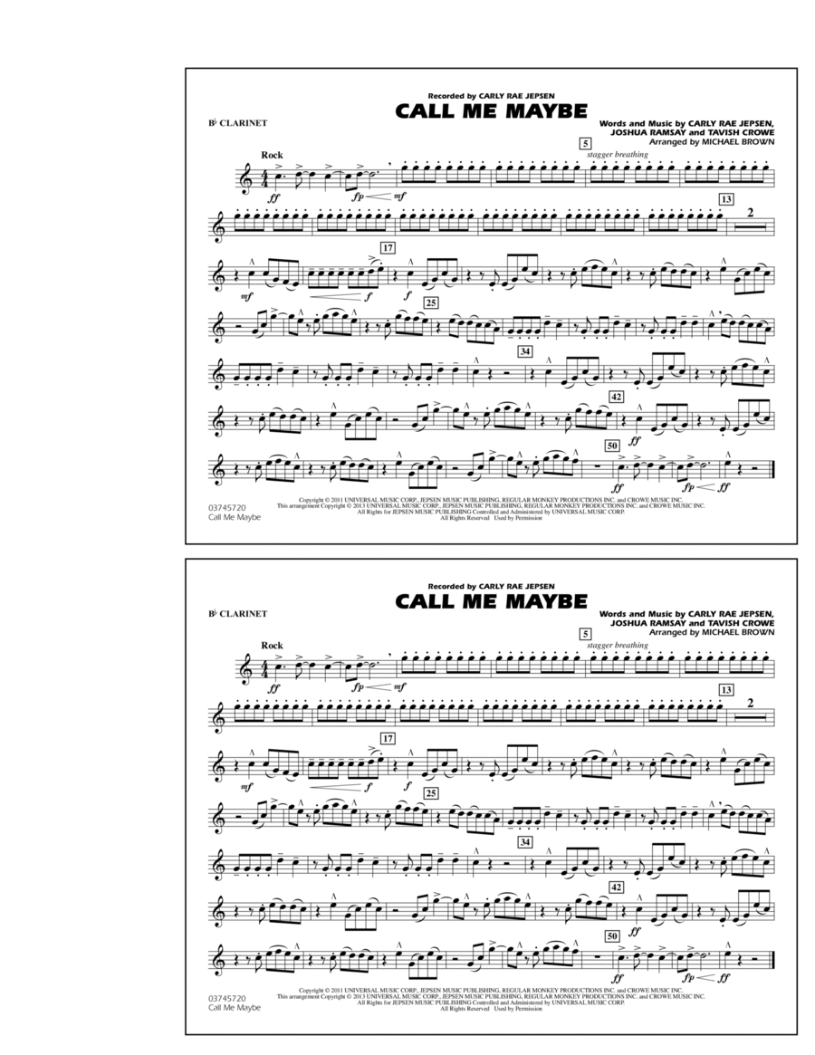 Call Me Maybe Bb Clarinet By Michael Brown Marching Band Digital Sheet Music Sheet Music