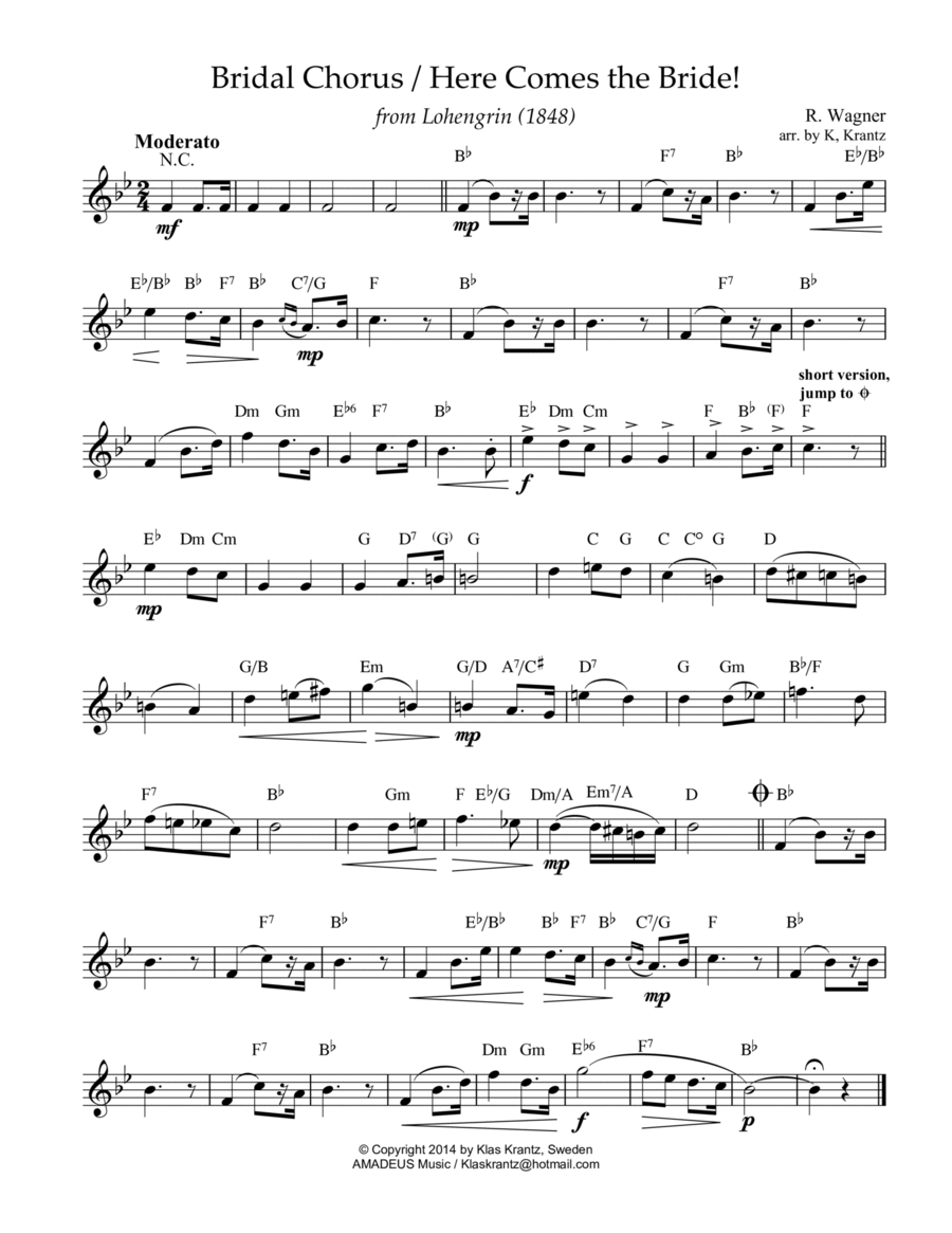 Bridal Chorus Here Comes the Bride lead sheet with guitar chords Bb Major by Richard Wagner Easy Guitar Digital Sheet Music Sheet Music Plus