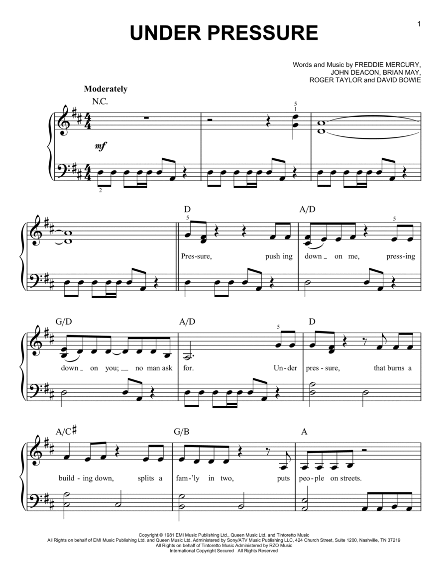 Queen & David Bowie: Under Pressure sheet music for voice, piano