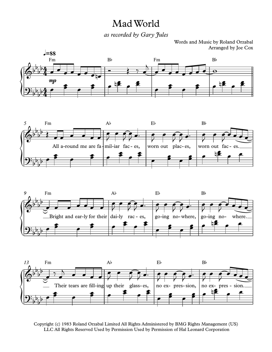 Mad World by Adam Lambert - Piano, Vocal, Guitar - Digital Sheet Music