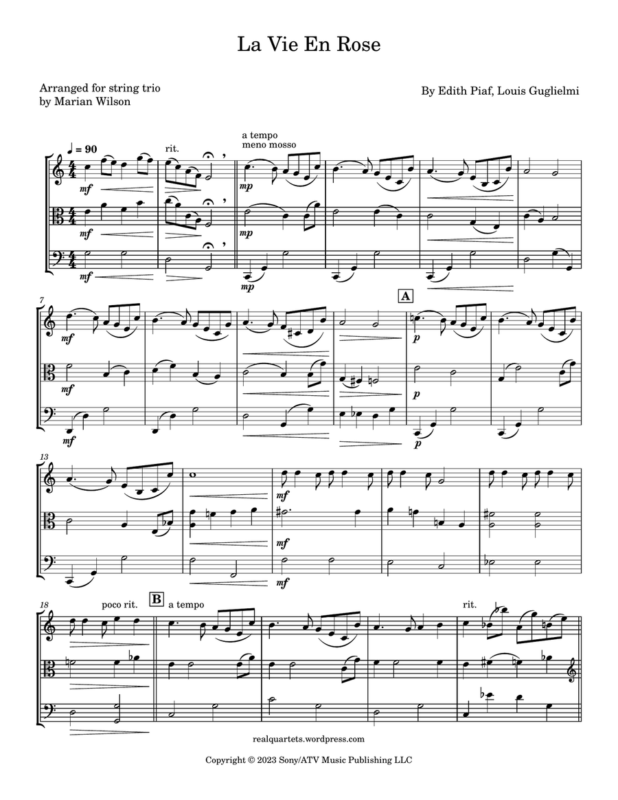 La Vie En Rose by Edith Piaf - Cello, Viola, Violin - Intermediate