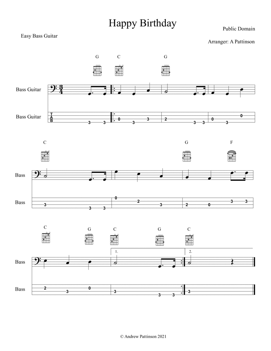 Happy Birthday for Easy Bass Guitar Bass Guitar Digital Sheet Music Sheet Music Plus