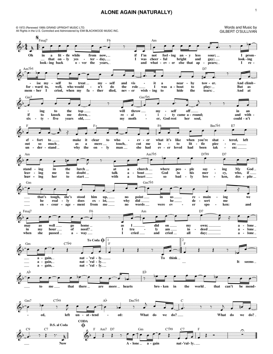 ALONE AGAIN (NATURALLY) Bb Sheet music