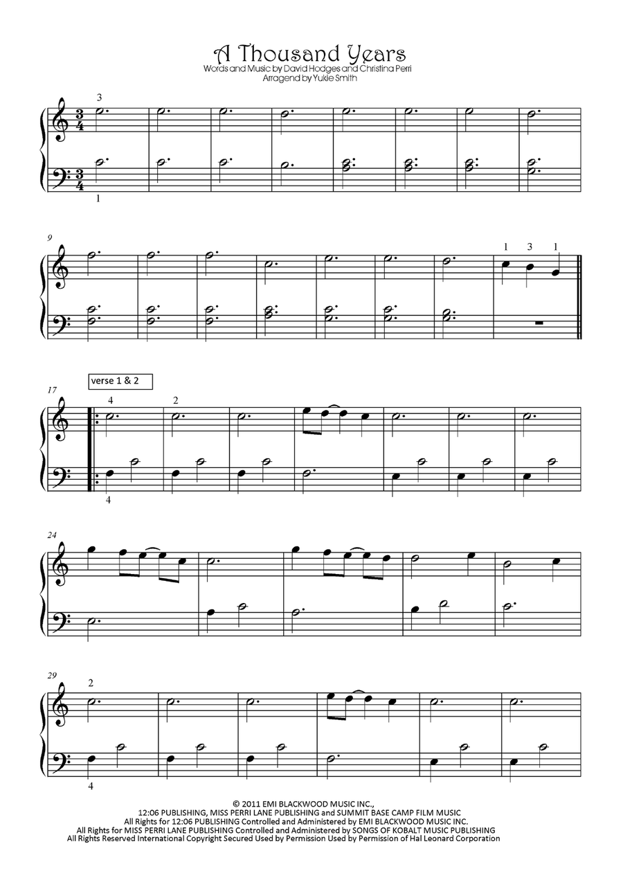 A Thousand Years by Christina Perri Easy Piano Digital Sheet