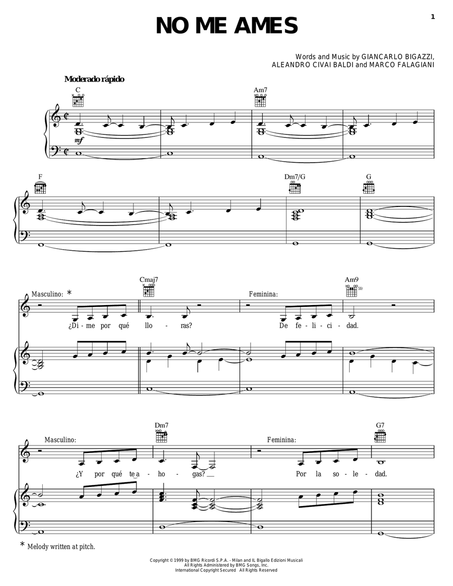 No Me Ames Piano, Vocal, Guitar Digital Sheet Music Sheet Music Plus