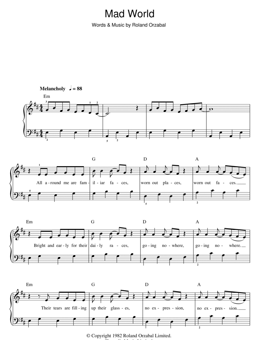 Tears For Fears: Mad World sheet music for piano solo (PDF)