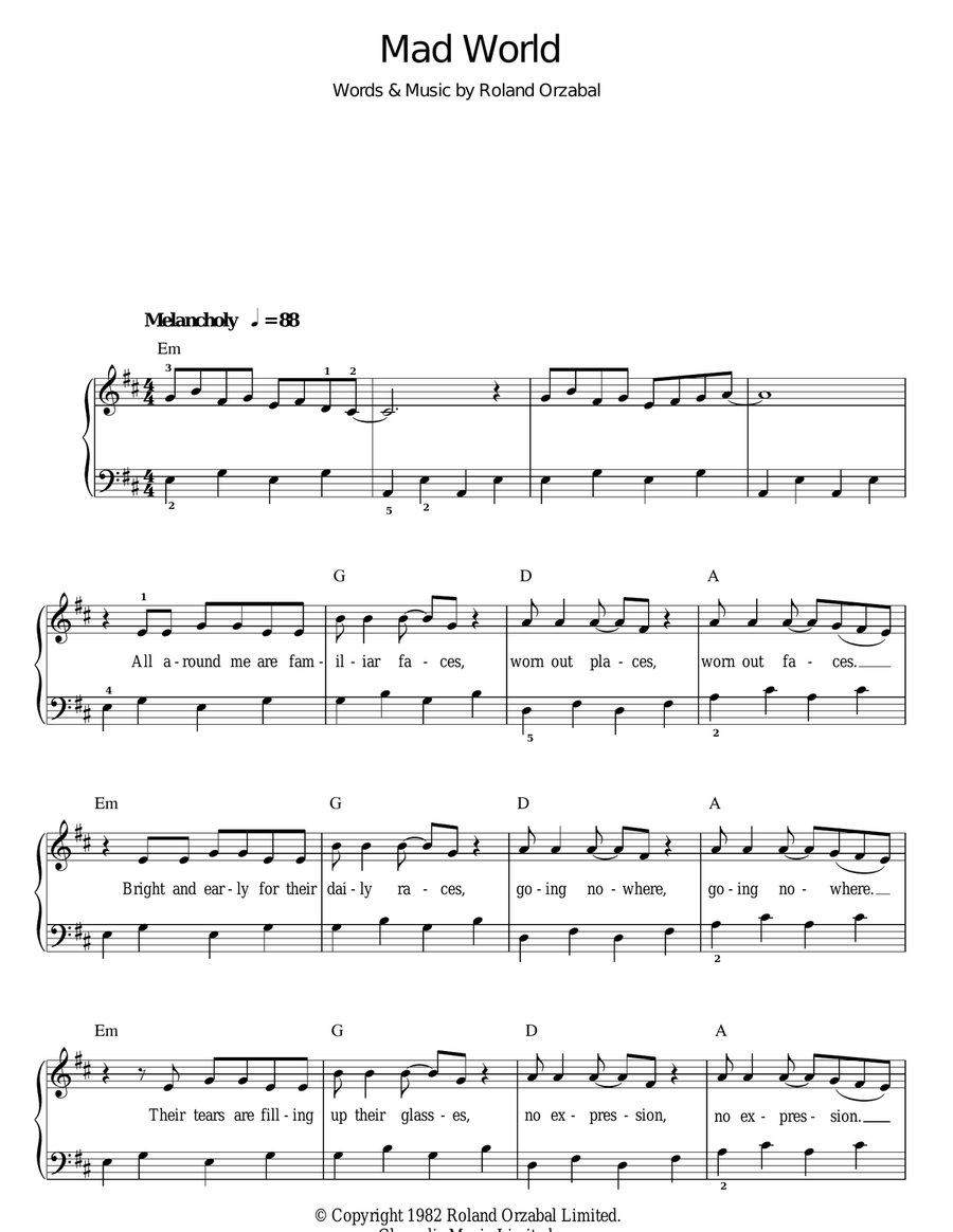 Gary Jules: Mad World sheet music for voice, piano or guitar v2