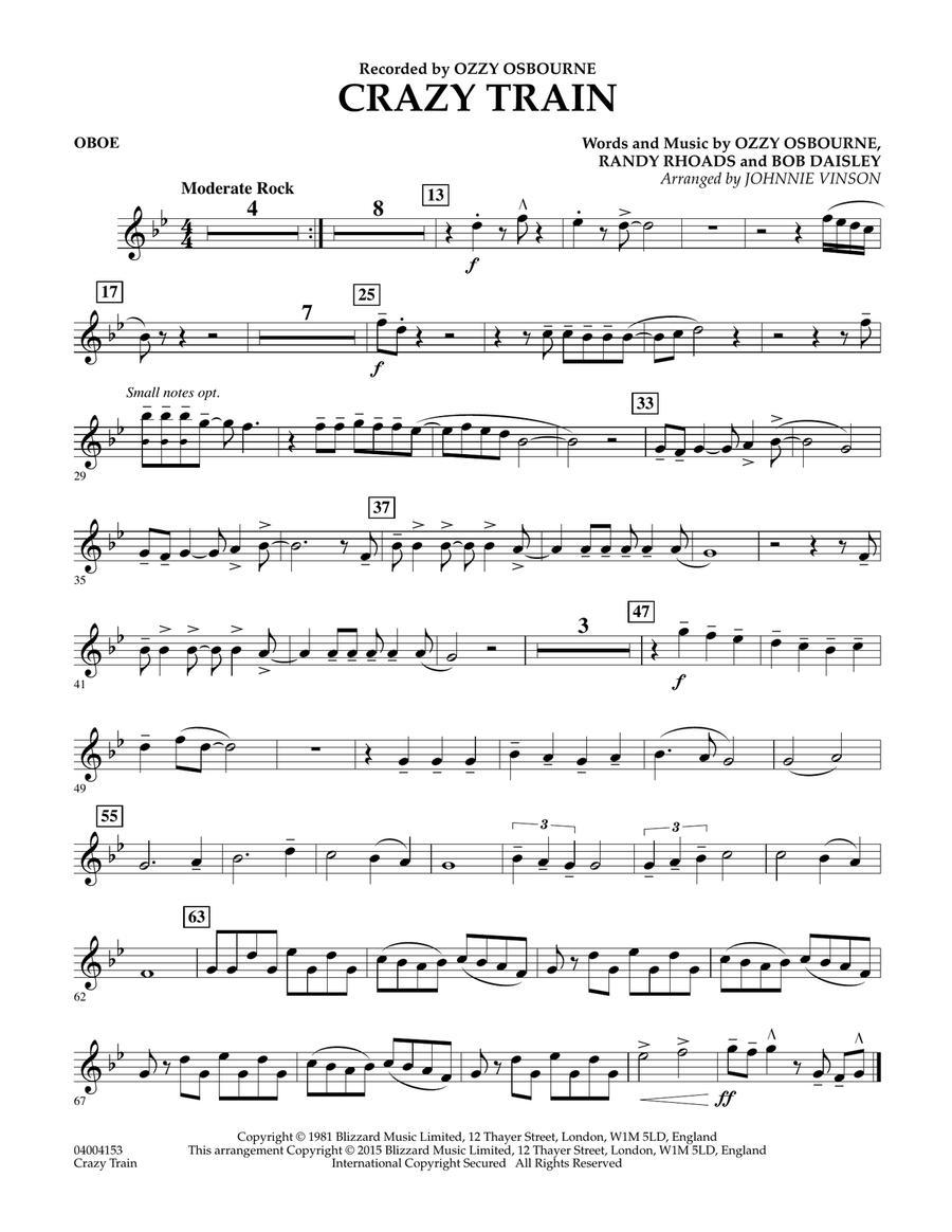 Crazy Train - Oboe by Johnnie Vinson - Concert Band - Grade 2